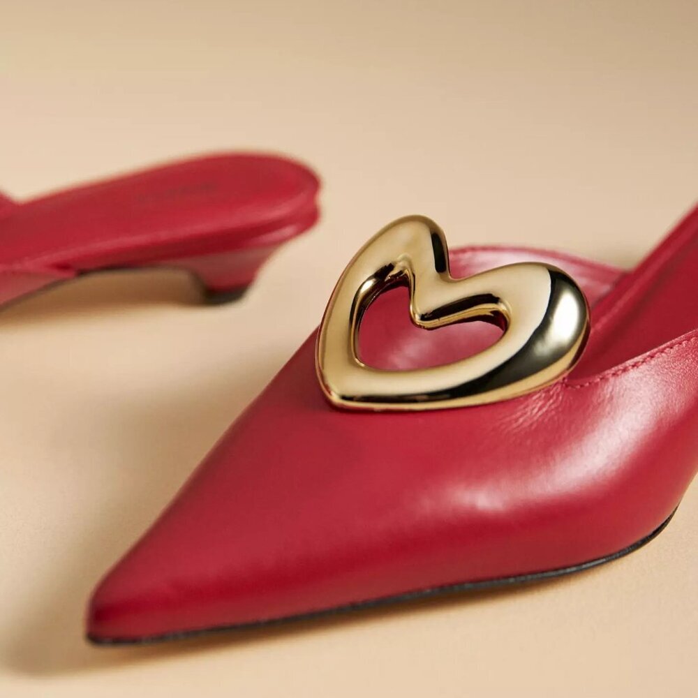 ❤️ ANTHROPOLOGIE Maeve Red Gold Heart Mule Kitten Heels Real Leather EU 36 - Picture 3 of 12